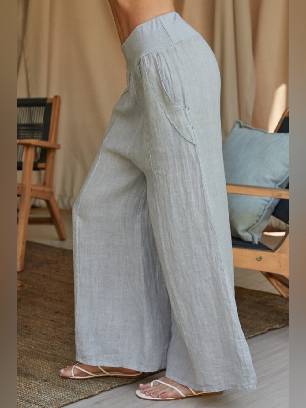(18931-PRLGRY)  LINEN SEAM STITCH DETAIL WIDE LEG PANTS - Picture 2 of 4